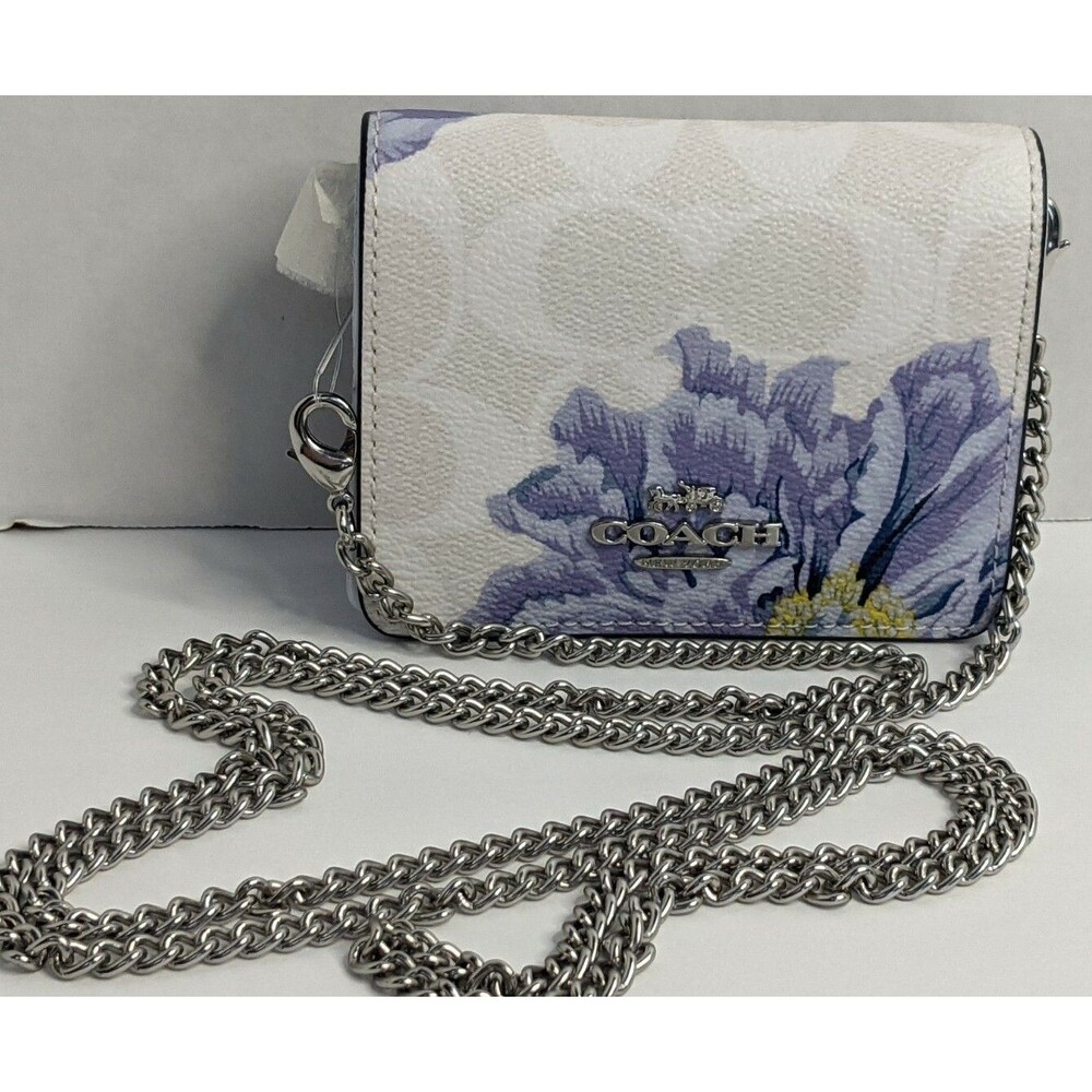 NWT Coach Kaffe Fassett Periwinkle Floral Canvas Leather Mini Wallet Chain Bag